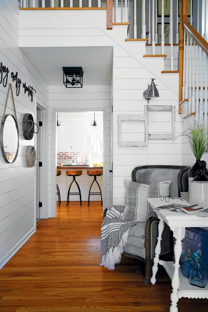 hallway with DIY shiplap