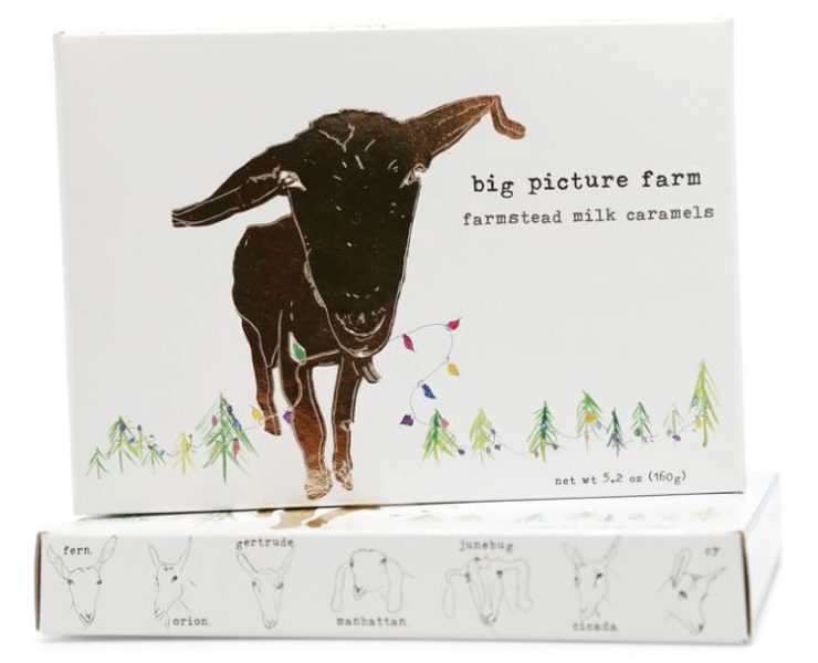 Big Picture Farm box of chocolates with a picture of a goat and Christmas trees