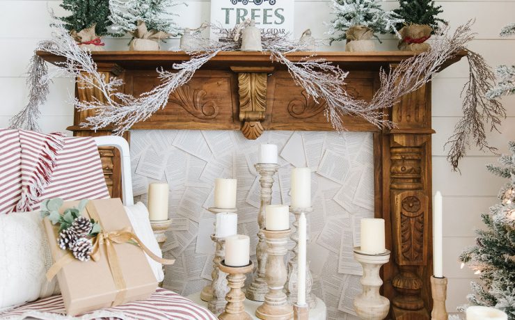 Mantel with book pages, christmas decor and family keepsakes