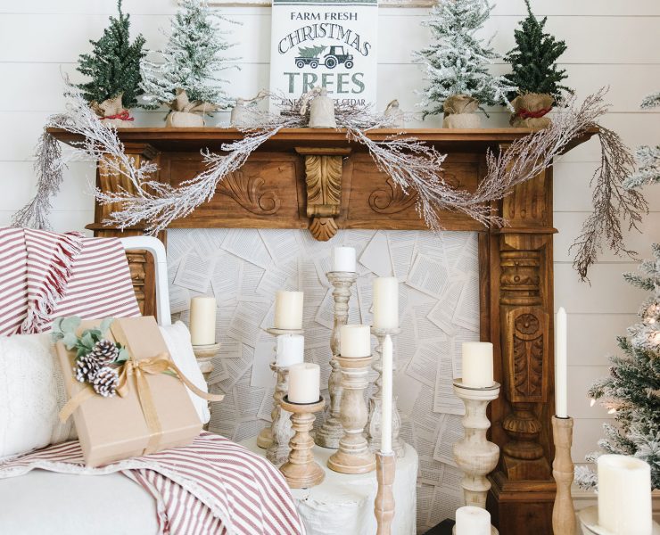 Mantel with book pages, christmas decor and family keepsakes