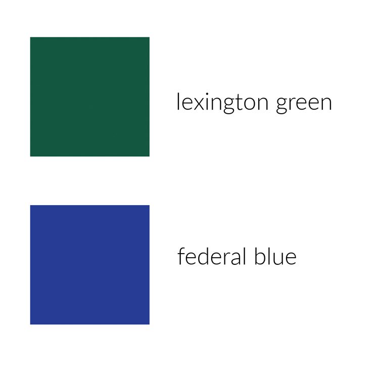 Two blocks of paint, one is called Lexington green, while the other is called federal blue. Lexington green is a rich sage color, while the federal blue color is a cobalt shade.