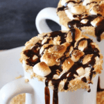 Gooey marshmallows clump together in a cup of hot chocolate brimming with chocolate syrup and gram cracker shavings.
