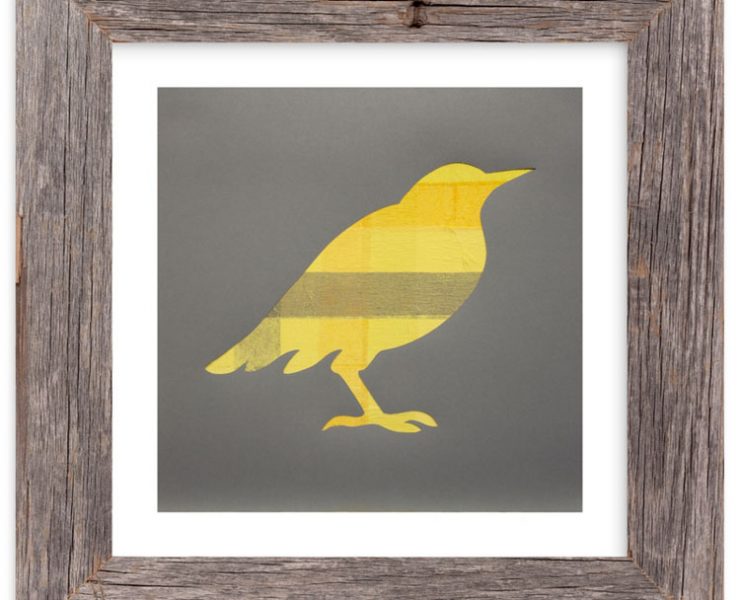 Plaid decor piece for the wall, a wood framed yellow plaid bird silhouette with a gray background.