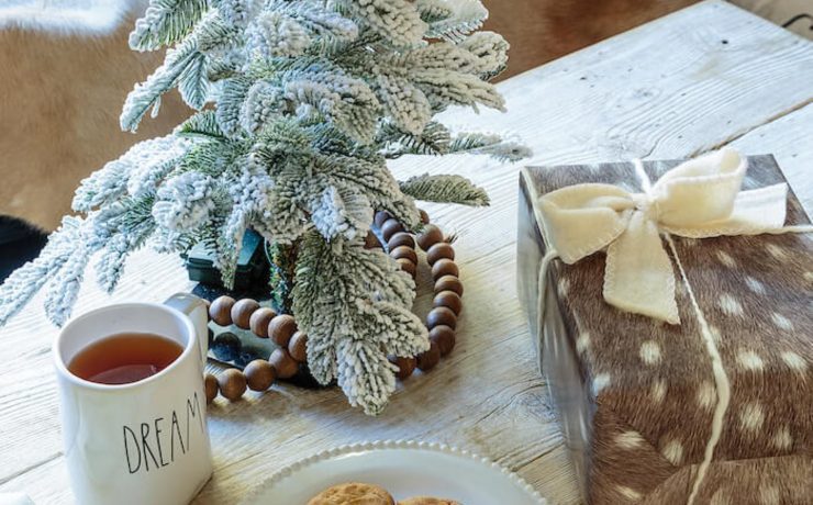 Woodland Christmas theme coffee table with cookies and a small Christmas tree.