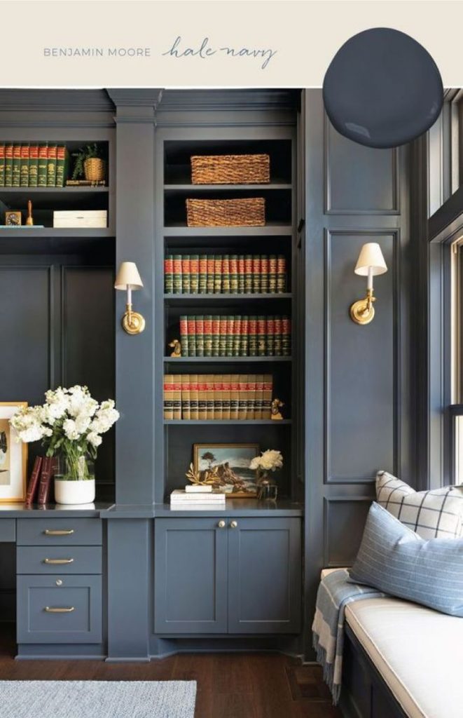 Charcoal-based blue cabinetry reads as a neutral in this home office