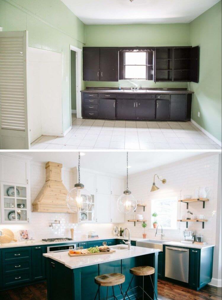 A before and after picture of the Three Little Pigs House from fixer upper. The pictures are of the original lime green kitchen and the after look, which includes the white and blue cabinets and modern details like a stainless steel apron sink.