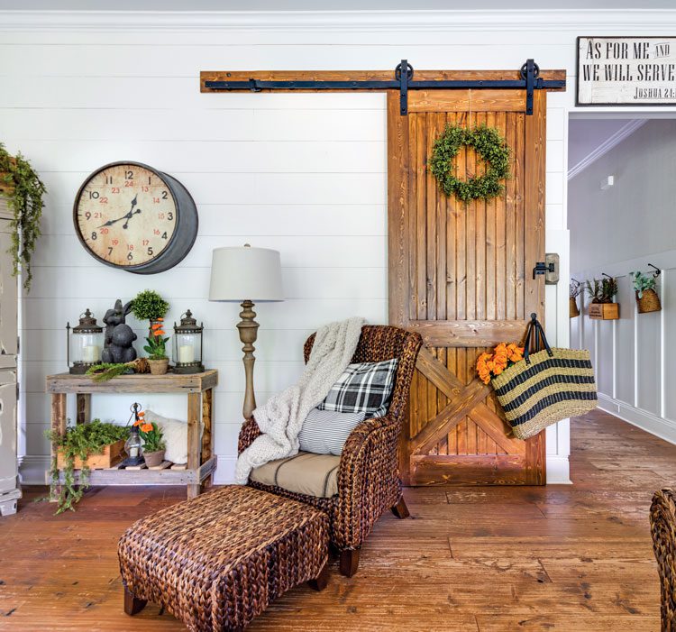 Living room with spring decorations, wicker sitting chair and flea market finds