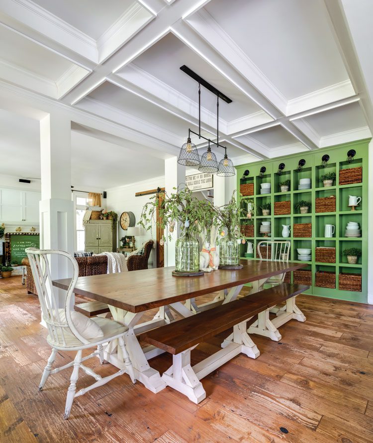 Dining room in Georgia farmhouse with green cubbies