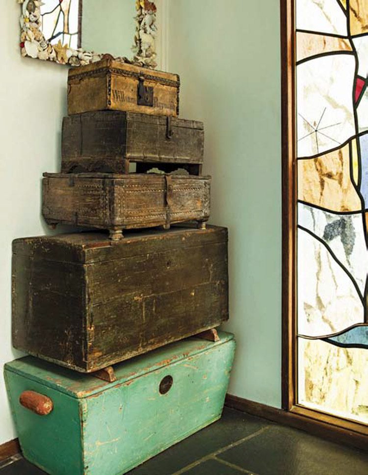 stack of vintage trunks in a home