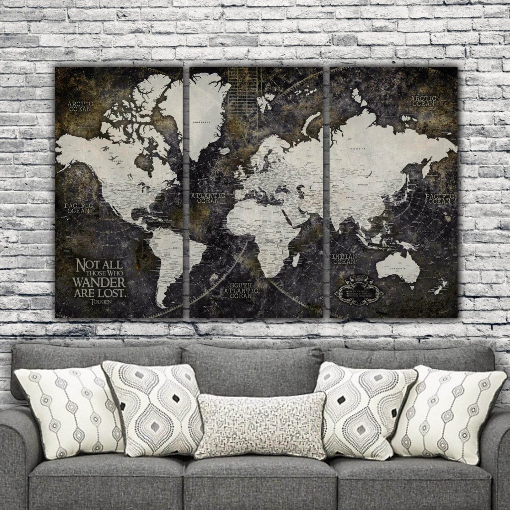 Three piece wall art with world map