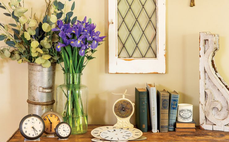 Dresser with vintage collectibles, including old corbels
