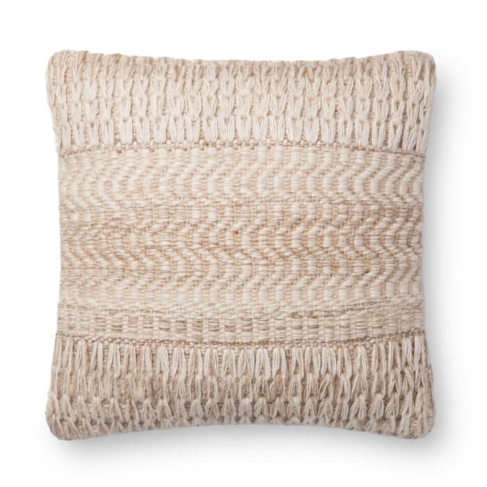Woven boho farmhouse style throw pillow in a neutral beige