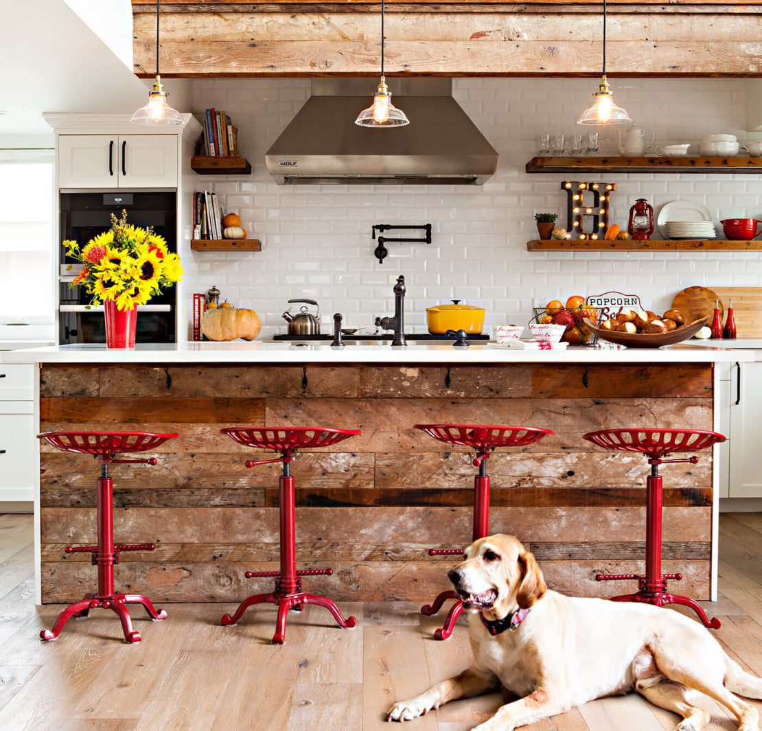 Rustic kitchen with metal accents and dog sitting in front