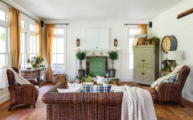 Farmhouse living room with spring decorations