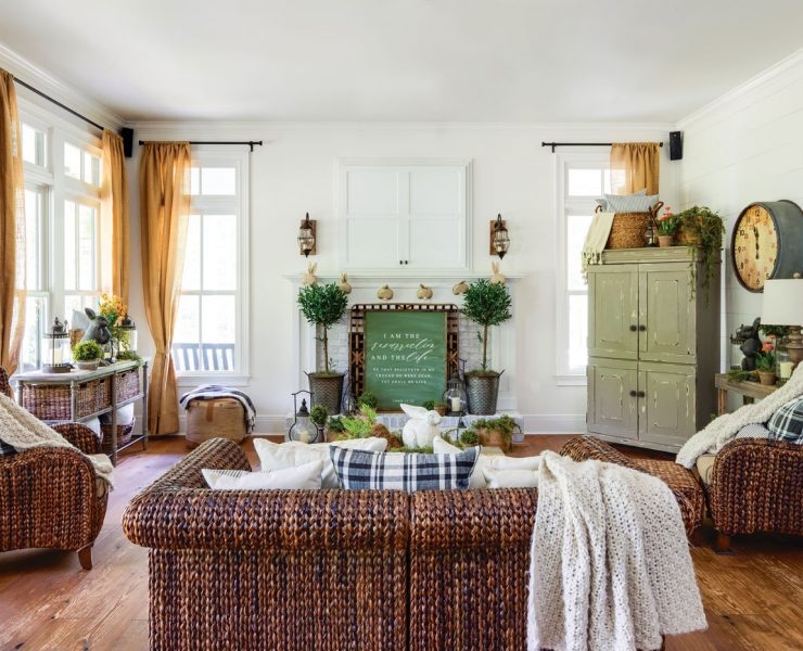 Farmhouse living room with spring decorations