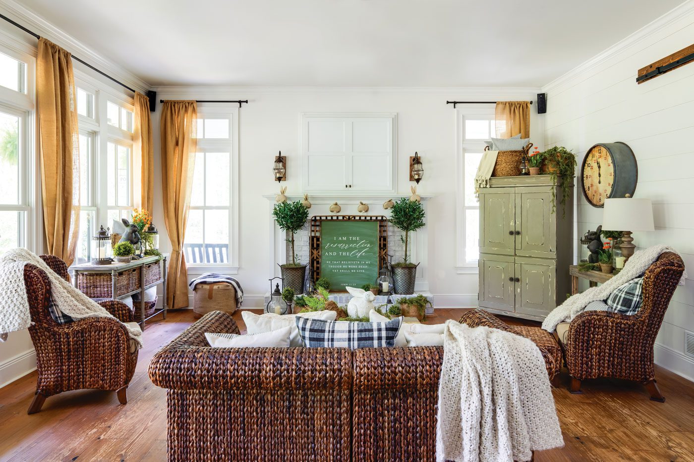 Farmhouse living room with spring decorations