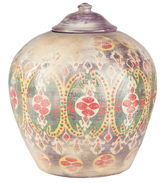 Lidded jar with faded colorful designs