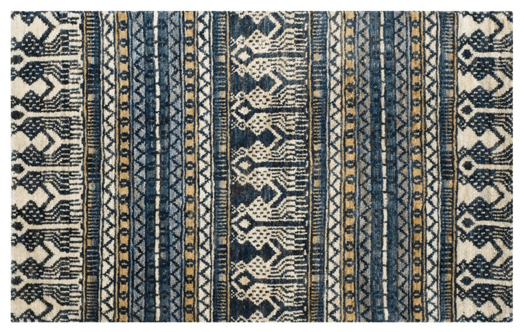 Blue, gold and black geometric striped area rug