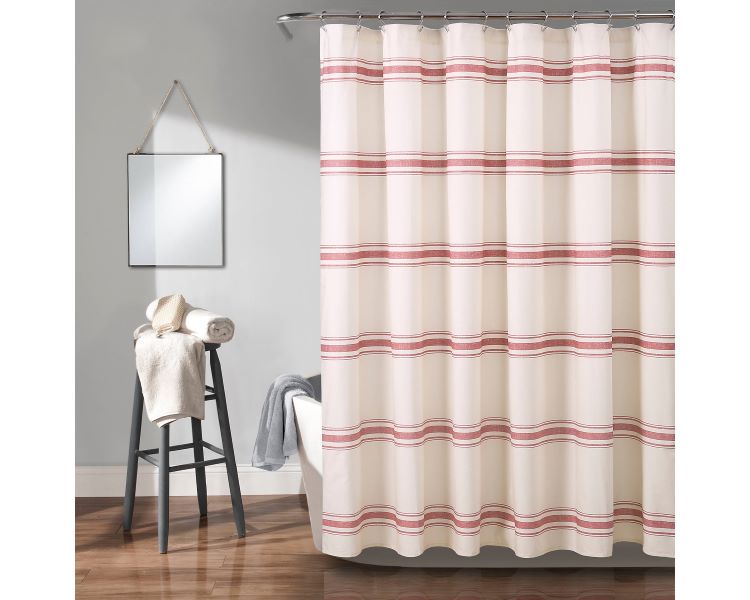 A shower curtain in red and white stripes