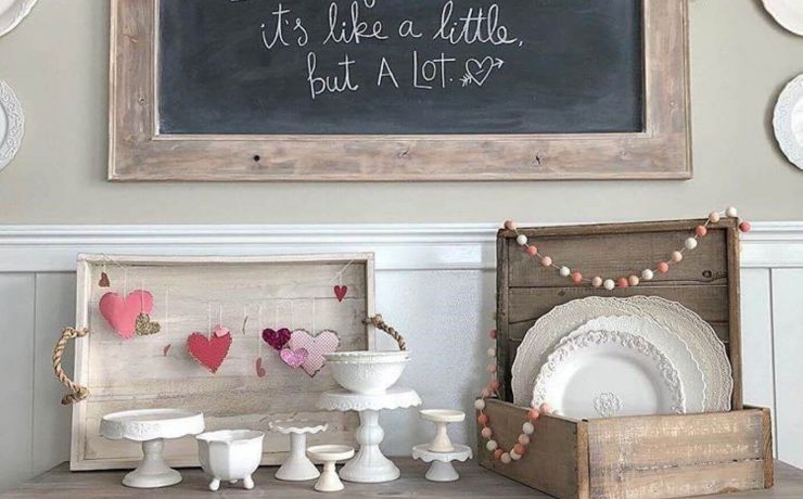 bare wood furniture with Valentine’s Day pieces