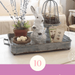 a vignette complete with a vintage ceramic bunny figurine and two vintage-inspired present tages next to teo tiny nests full of faux eggs