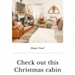 Christmas cabin family room with neutral furniture and decor.