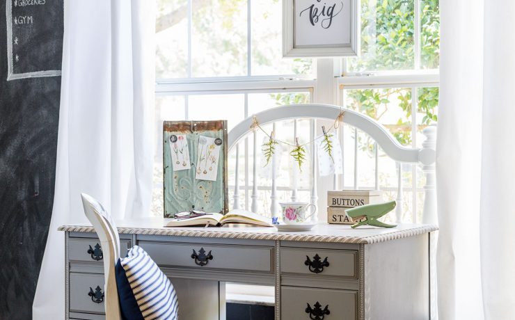 Desk area with botanical prints and blackboard wall, a space to make a remodel budget