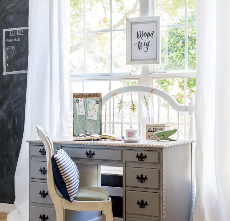 Desk area with botanical prints and blackboard wall, a space to make a remodel budget