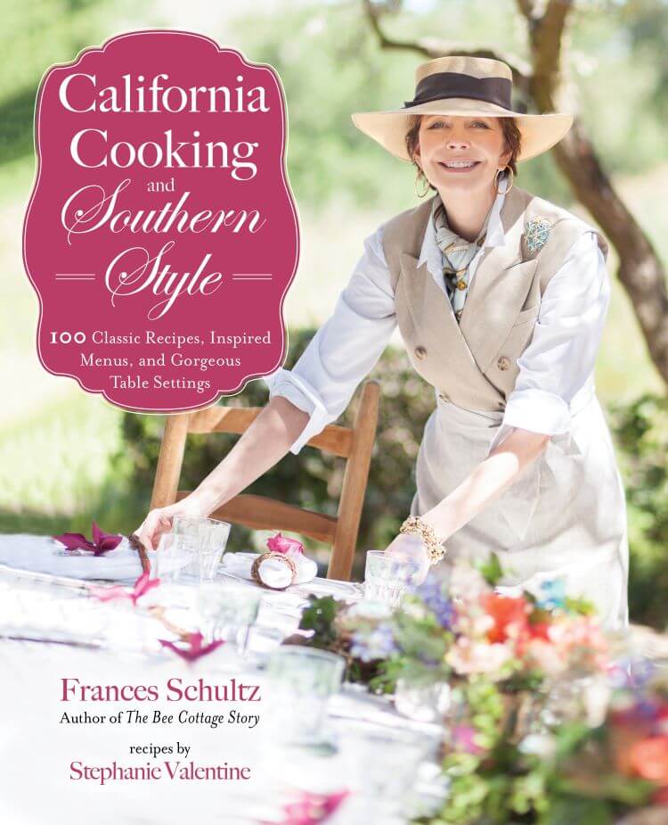 The cover of the book "California Cooking and Southern Style." The cover shows a woman preparing an outdoor dinner party during beautiful and fresh spring weather