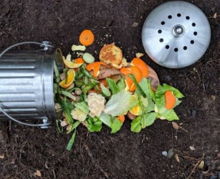 steel compost bin on its side with compost of orange peels and veggies