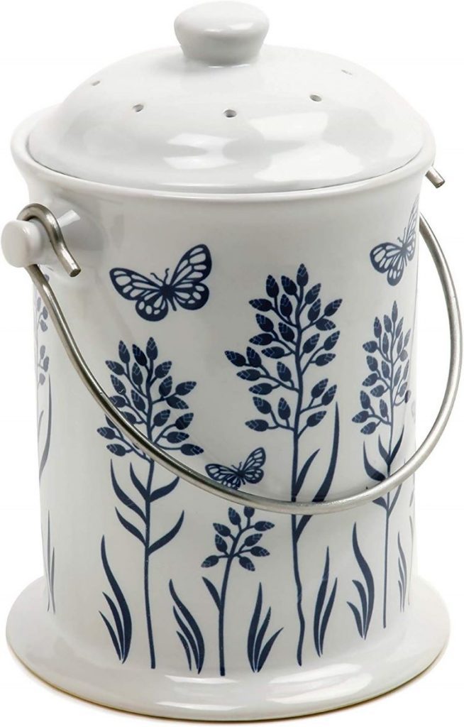 White countertop compost bn in white with delicate blue flowers and butterflies