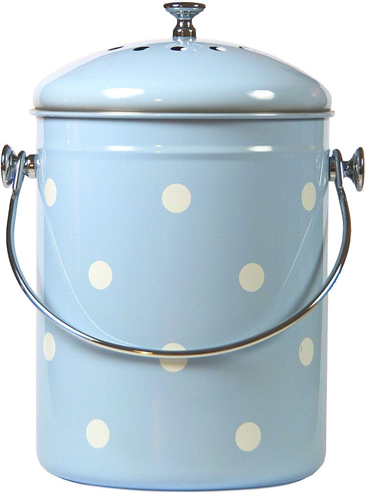 Baby blue compost bin with white polka dots