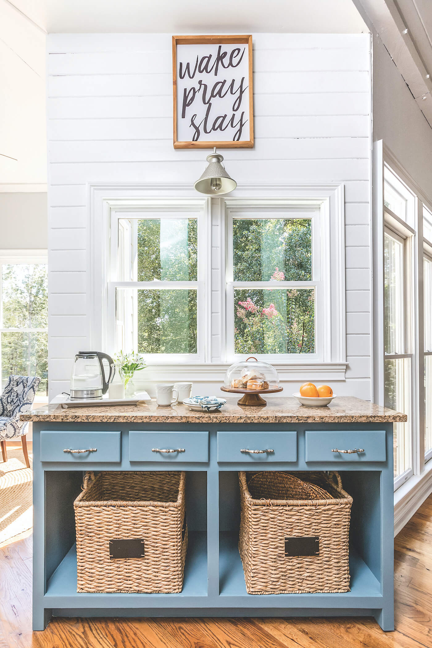 Breakfast buffet table against wall with window