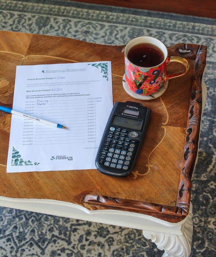 Coffee table with cup of tea and remodel budget worksheet