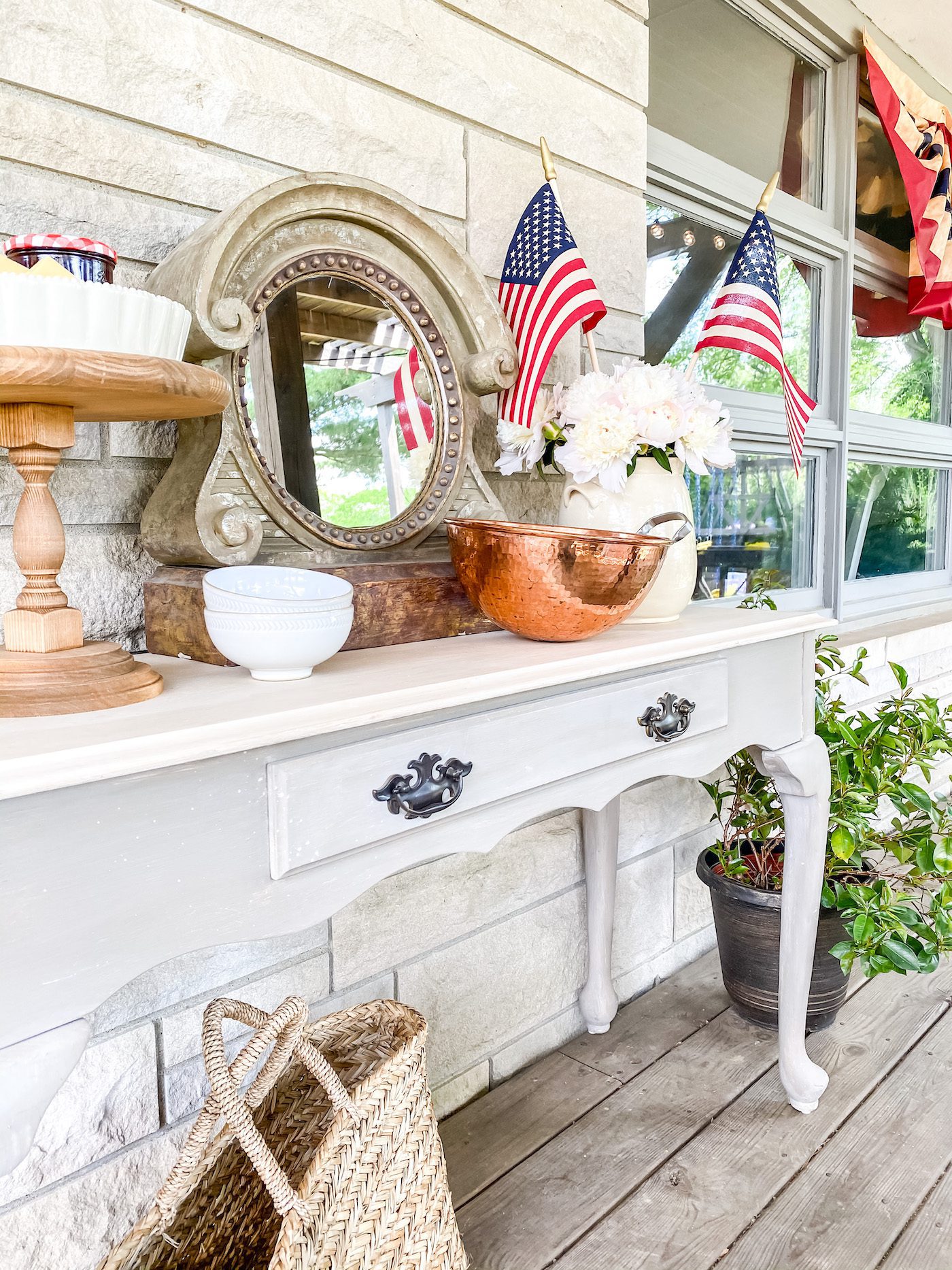 Side table outdoors for serving food hosting 4th of July