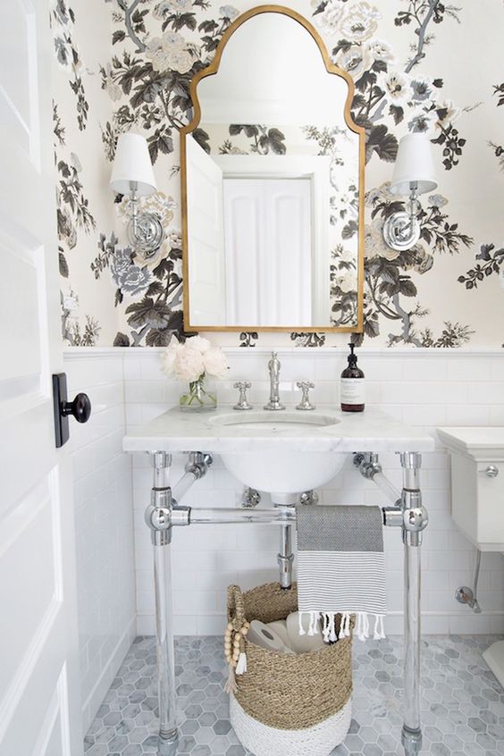 Bathroom with tile wainscoting, wallpaper and mirror, for designing multiple bathrooms