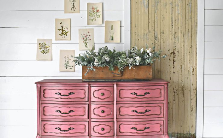 Finished pink painted dresser, upcycled with vintage farmhouse style