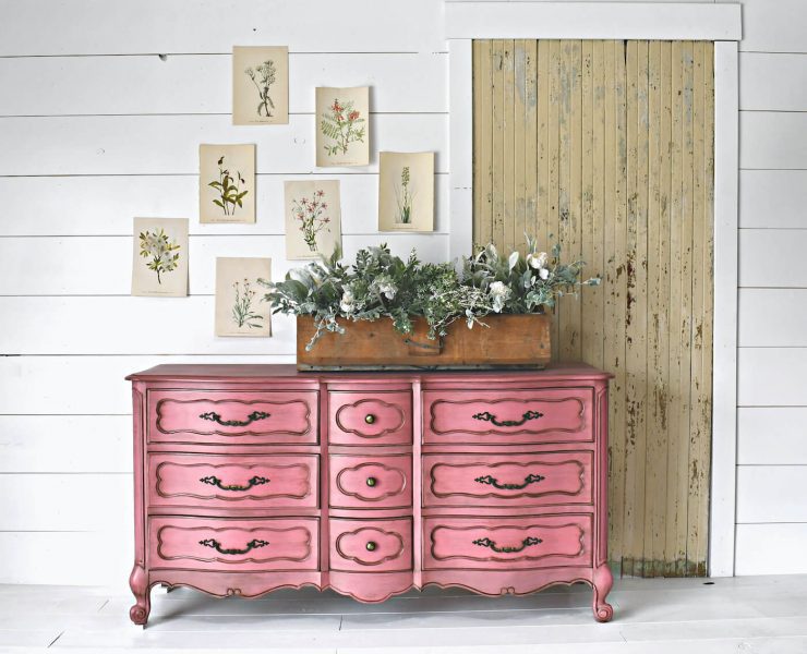 Finished pink painted dresser, upcycled with vintage farmhouse style