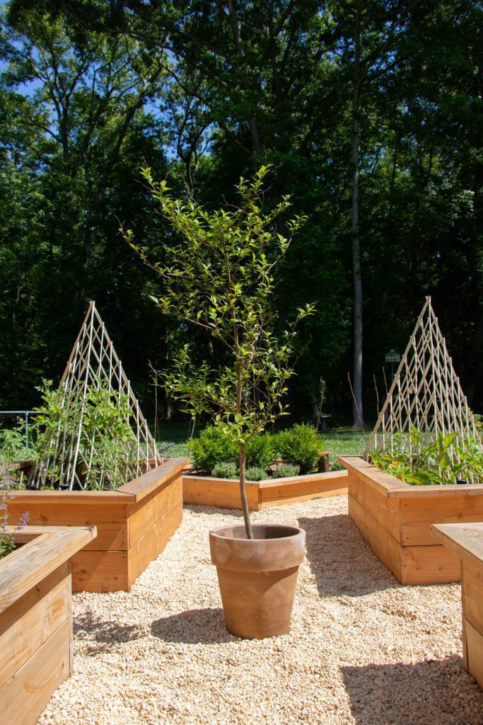 Pea gravel walkway with raised beds