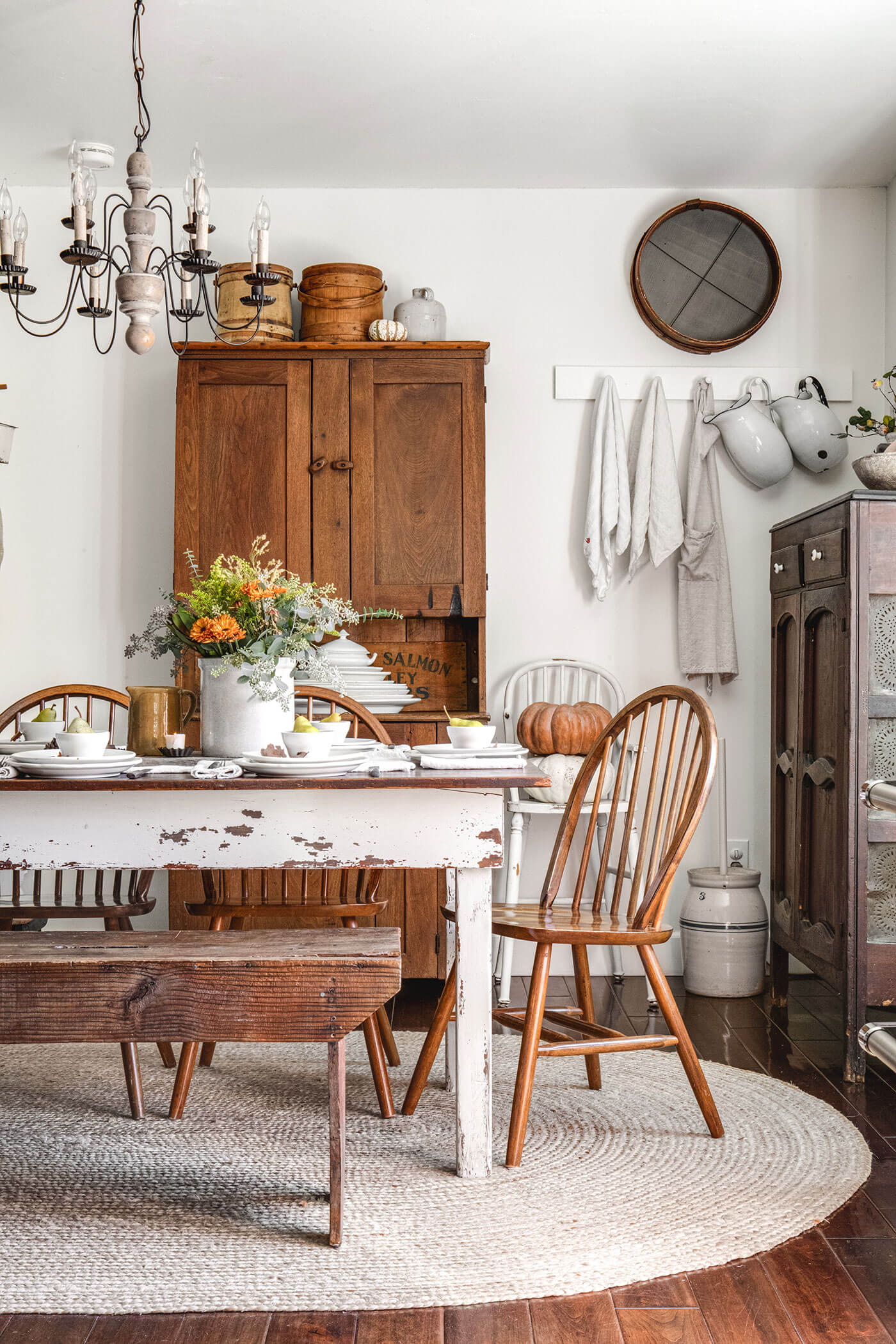 Half of table with chippy paint and fall tablescape