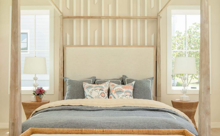 Bedroom with bed and custom millwork on wall and ceiling