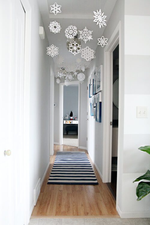 Hallway with snowflakes hanging from the ceiling