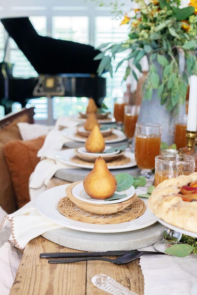 Row of place settings with DIY concrete chargers