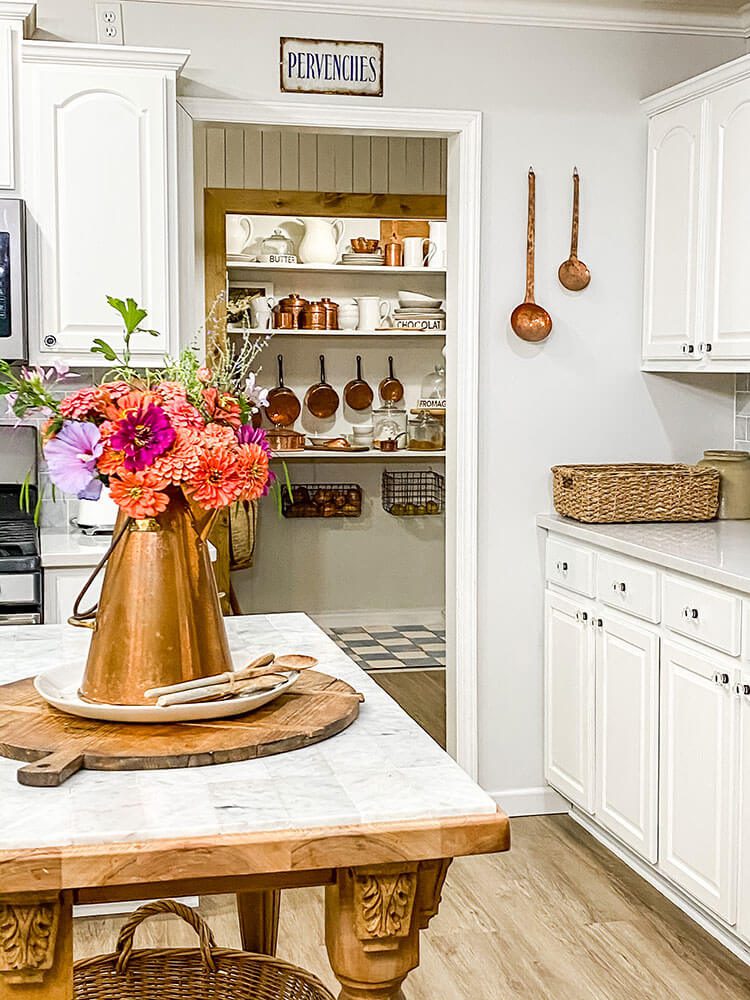 Vase of flowers on countertop for natural fall farmhouse decorating