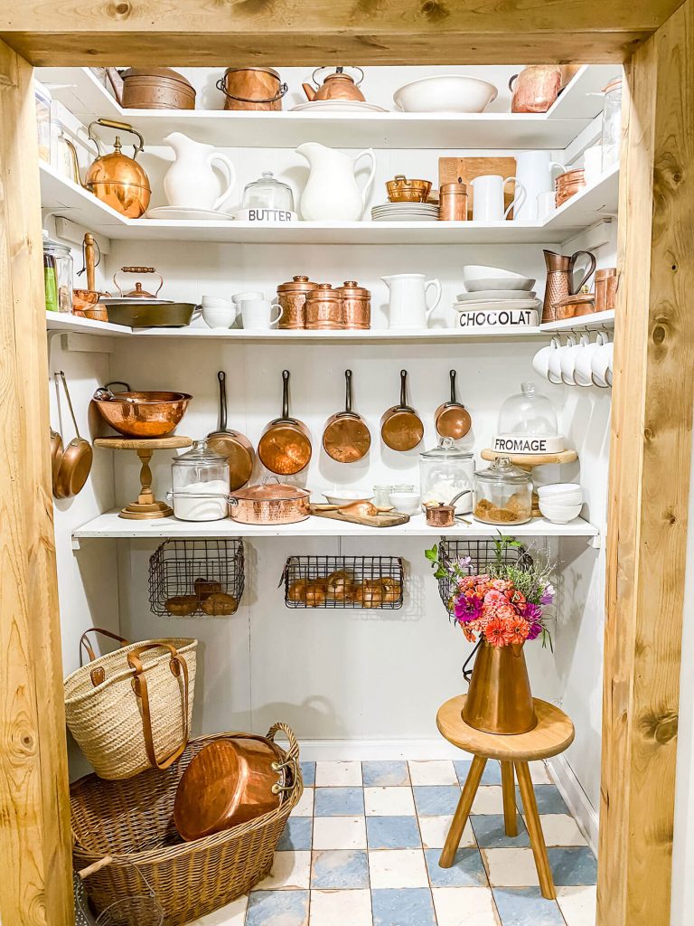 Farmhouse style pantry with copper elements