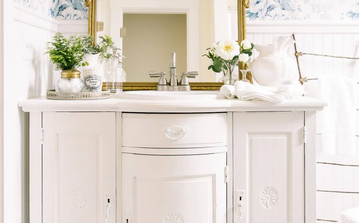 Bathroom with white vanity for install wallpaper for blue and white pattern