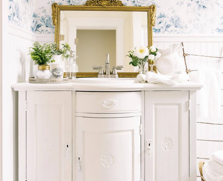 Bathroom with white vanity for install wallpaper for blue and white pattern
