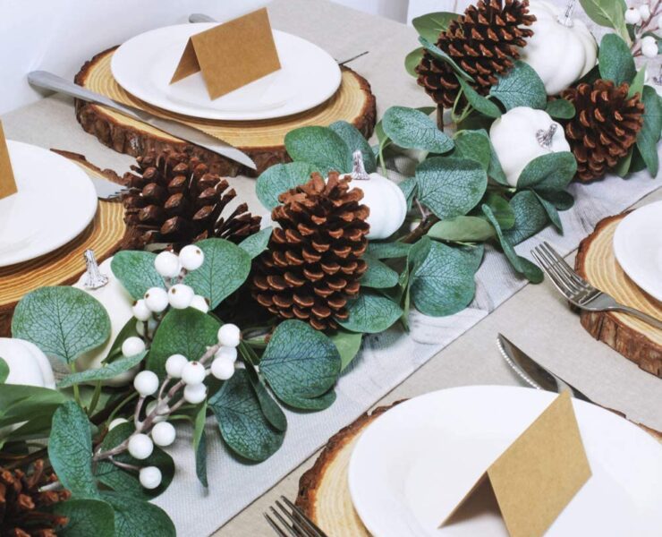Tabletop with garland and white pumpkins for netural fall decor