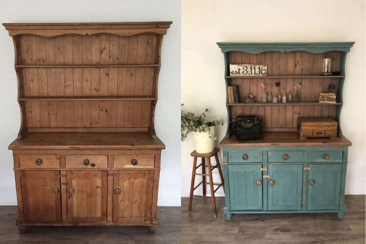 Two pictures side by side before and after of dresser transformation