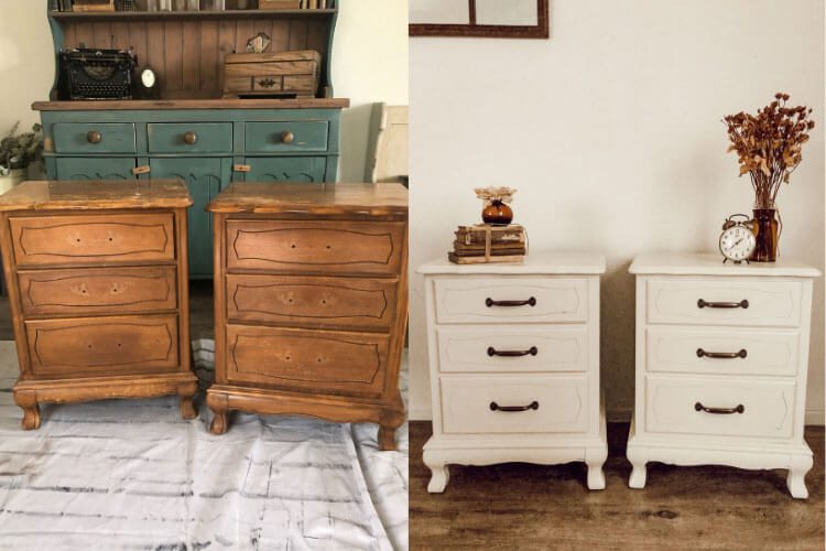 Before and after photos of nightstand transformation for Facebook Marketplace tips